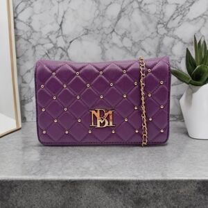 Badgley Mischka Plum Crossbody Purse Vegan Leather Diamond Quilted Studded Bag